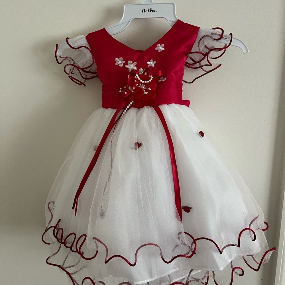 Red and White Floral Embellished Dress